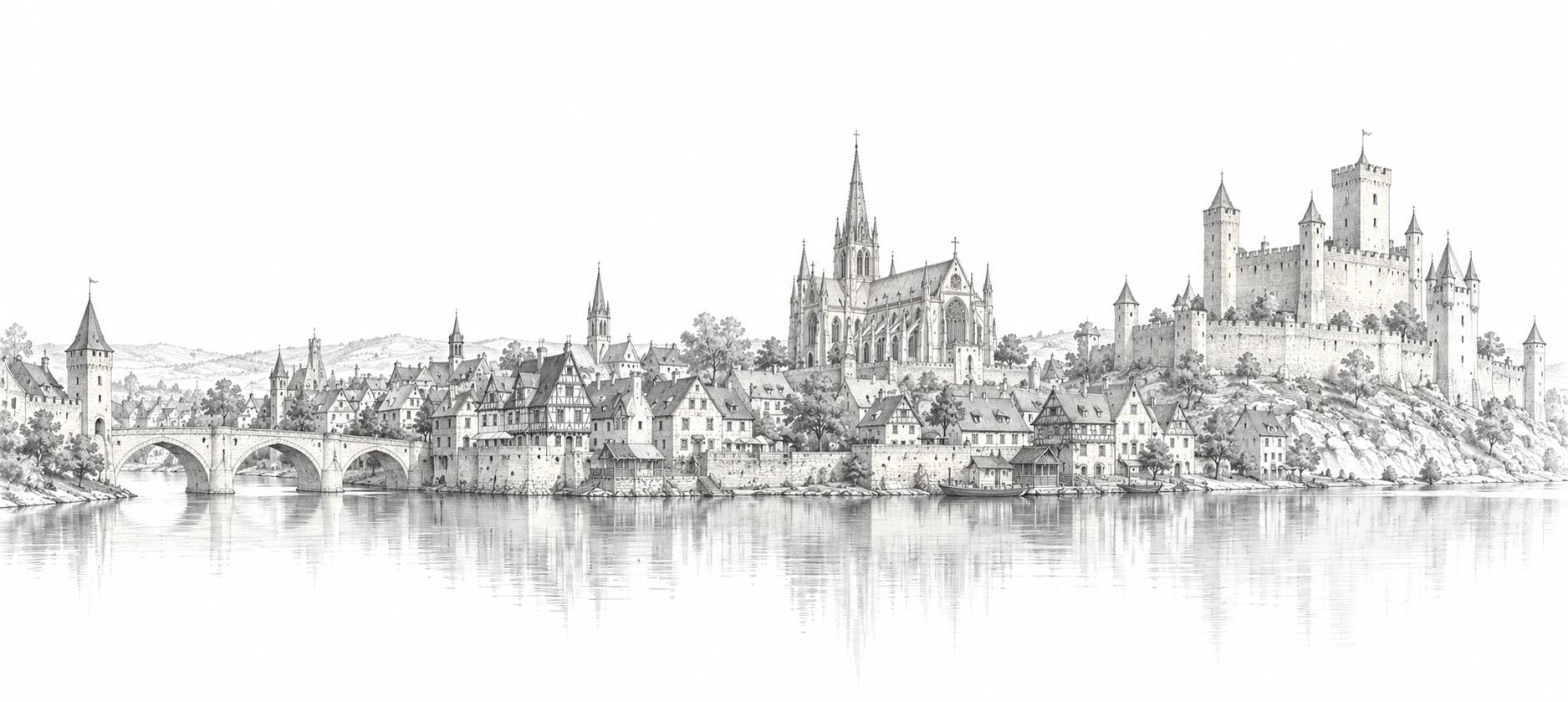 Decorative pencil line drawing of a medieval town, stone bridge, Gothic church and fortress